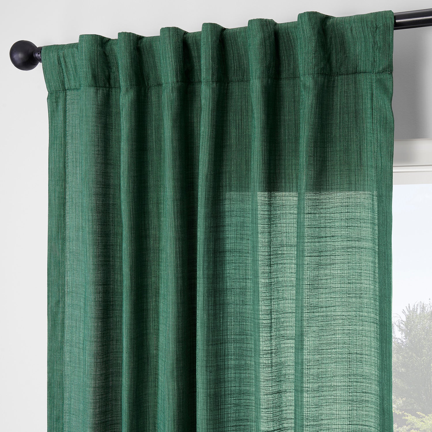 Dark Green Rustic Linen Weave Light Filtering Curtain Pair (2 Panels)