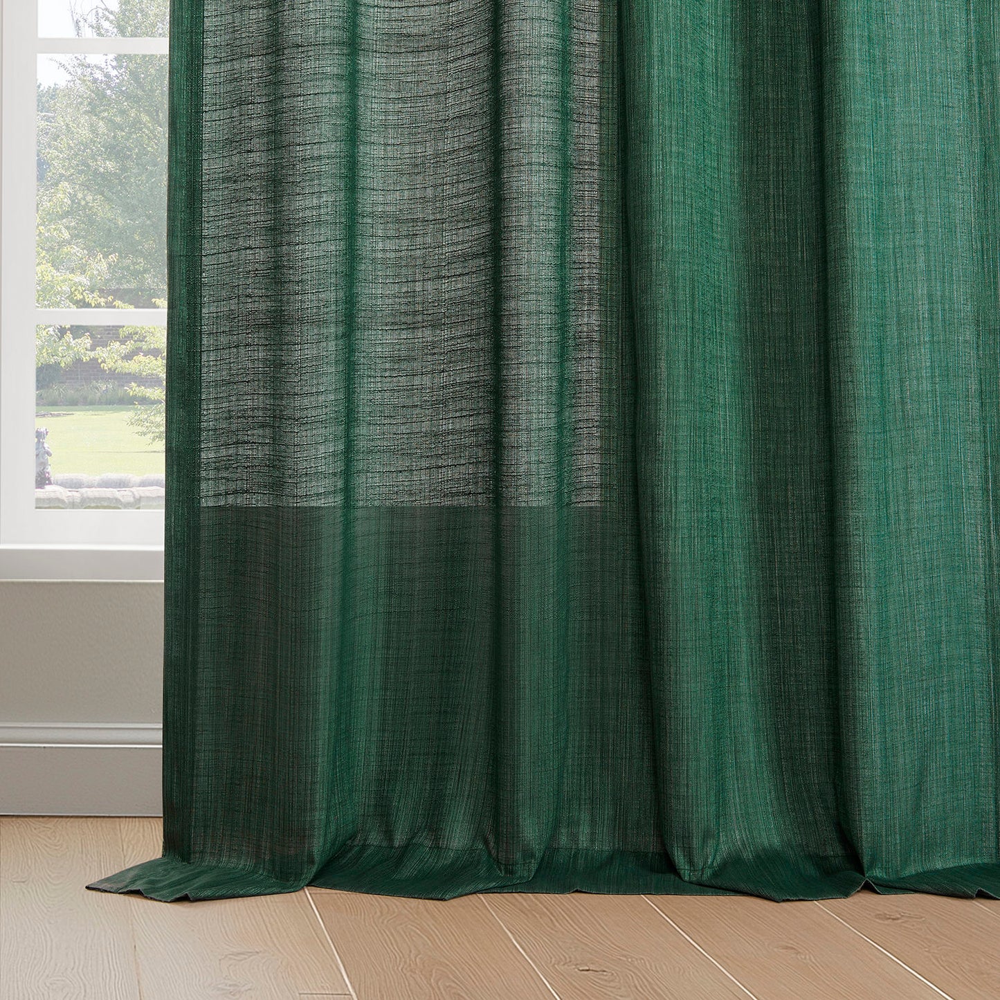 Dark Green Rustic Linen Weave Light Filtering Curtain Pair (2 Panels)