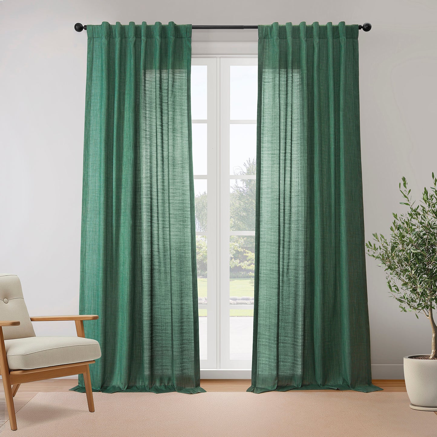 Dark Green Rustic Linen Weave Light Filtering Curtain Pair (2 Panels)