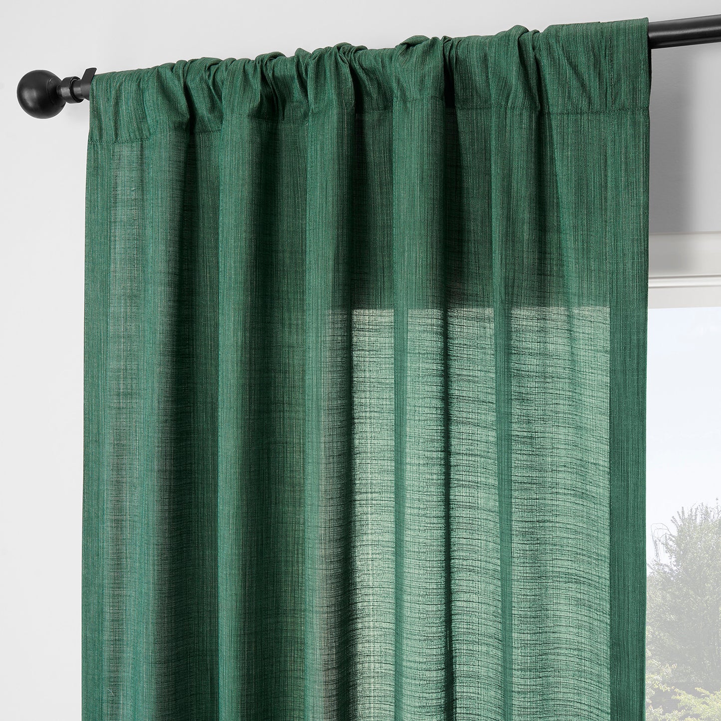 Dark Green Rustic Linen Weave Light Filtering Curtain Pair (2 Panels)
