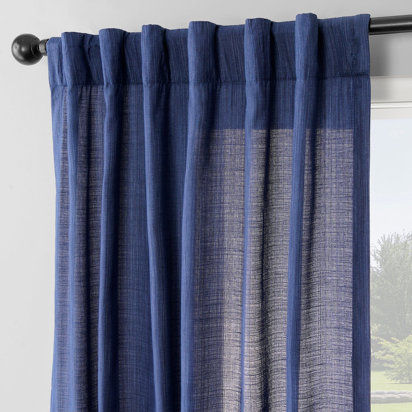 Ink Blue Rustic Linen Weave Light Filtering Curtain Pair (2 Panels)