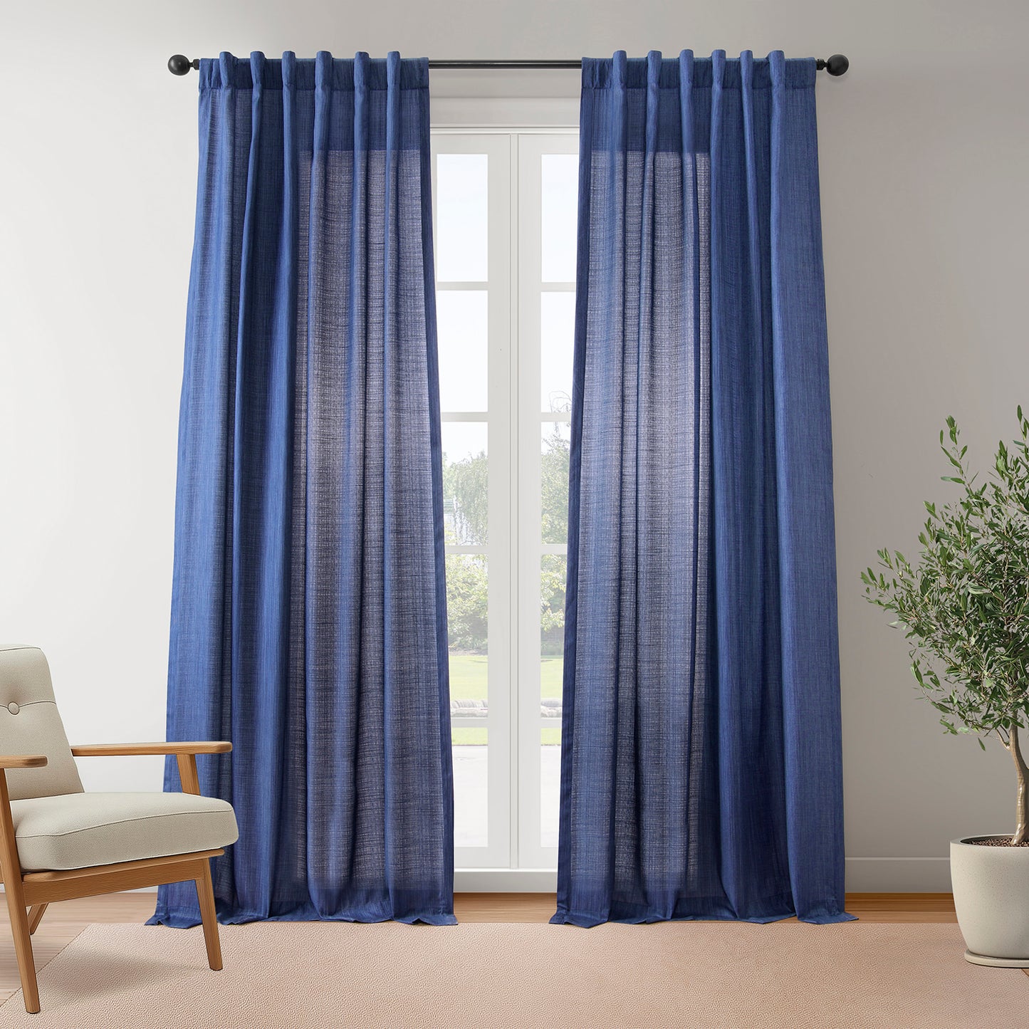 Ink Blue Rustic Linen Weave Light Filtering Curtain Pair (2 Panels)