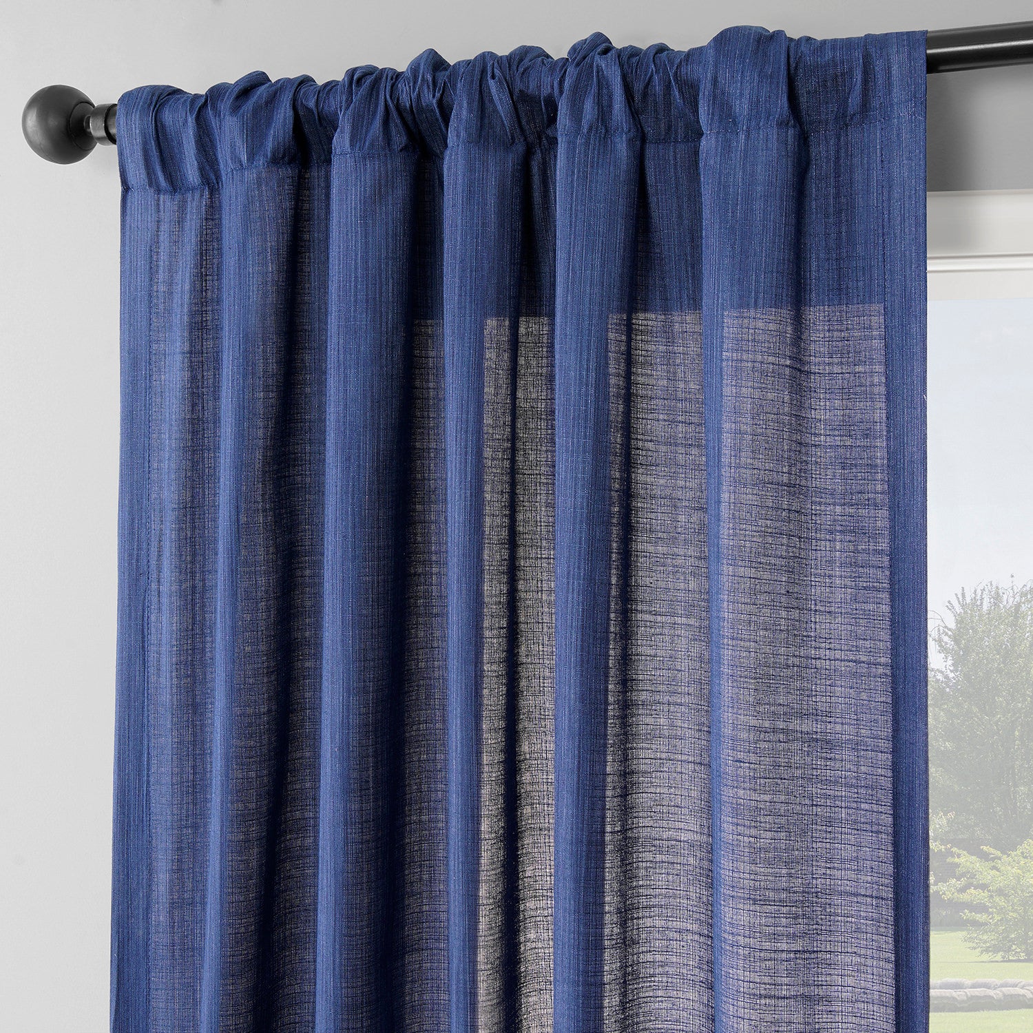 Ink Blue Rustic Linen Weave Light Filtering Curtain Pair (2 Panels)