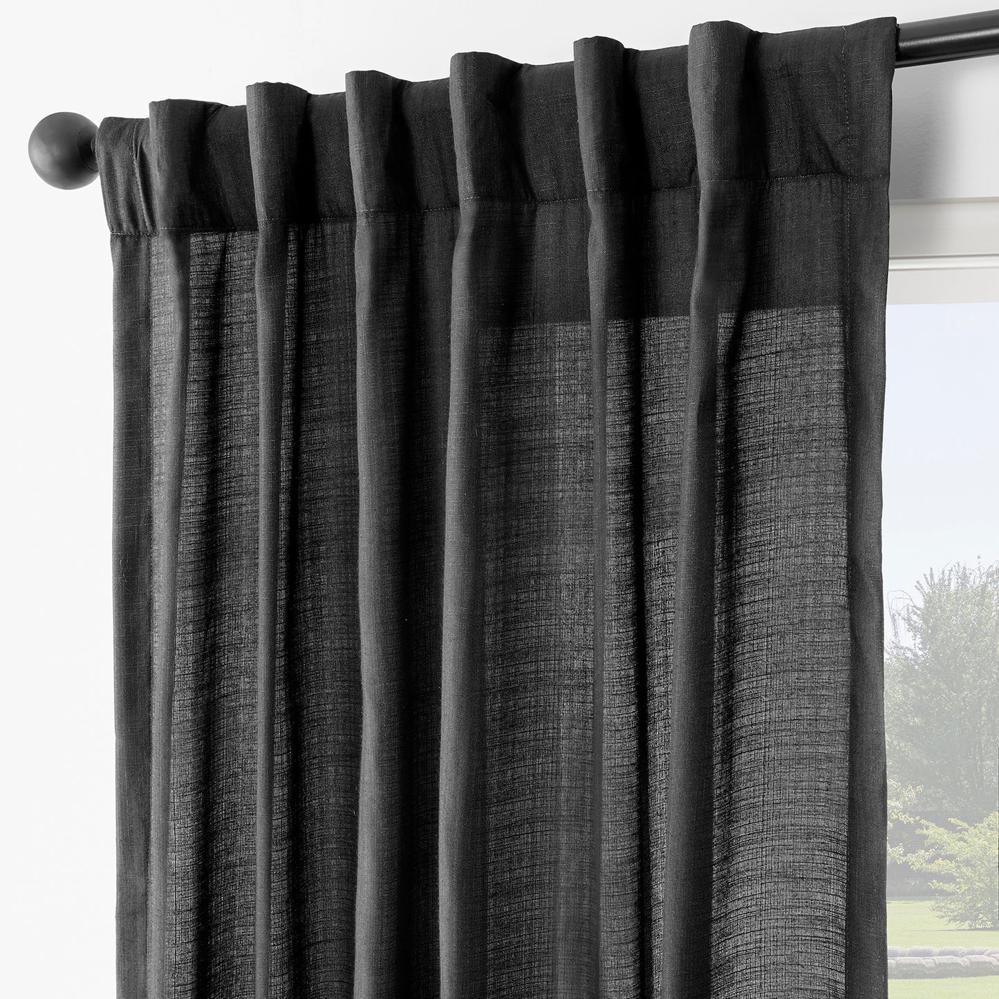 Black Rustic Linen Weave Light Filtering Curtain Pair (2 Panels)