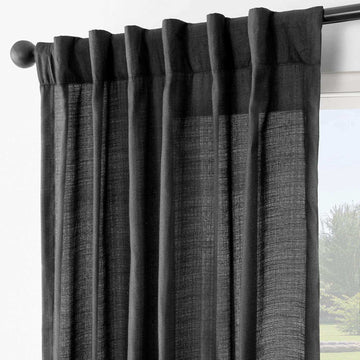Black Rustic Linen Weave Light Filtering Curtain Pair (2 Panels)