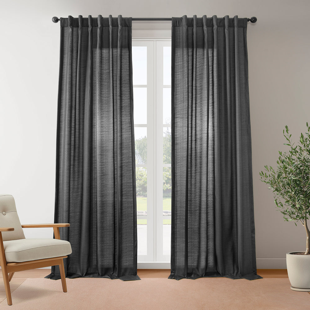 Black Rustic Linen Weave Light Filtering Curtain Pair (2 Panels)