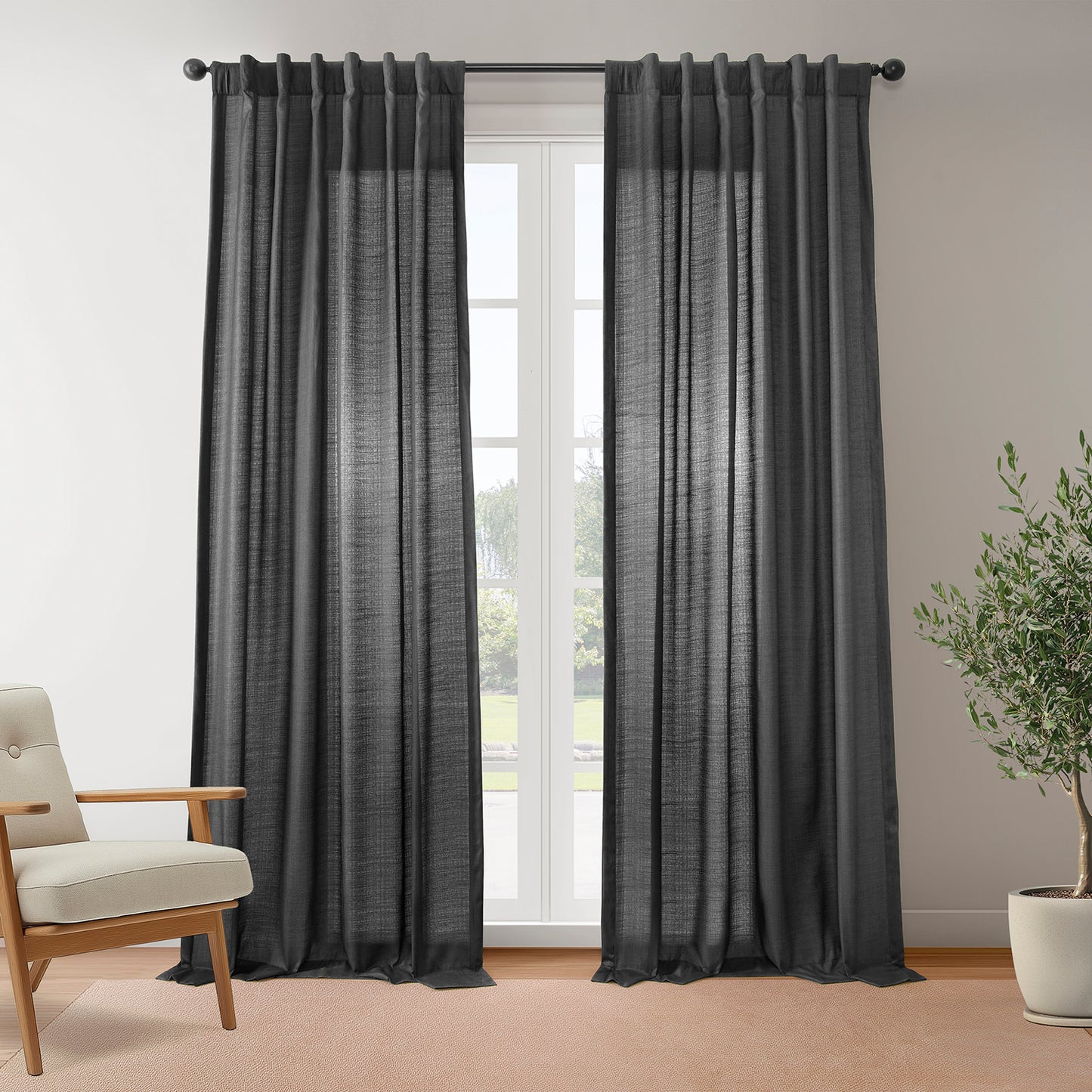 Black Rustic Linen Weave Light Filtering Curtain Pair (2 Panels)