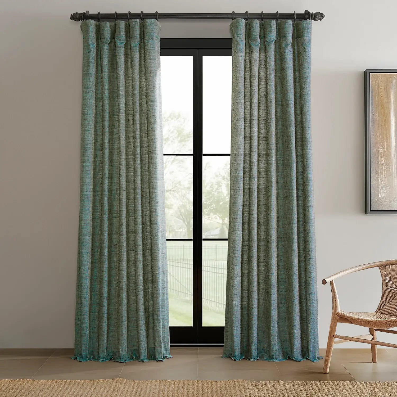Teal Blue Raw Linen Weave Semi-Sheer Curtain Pair (2 Panels