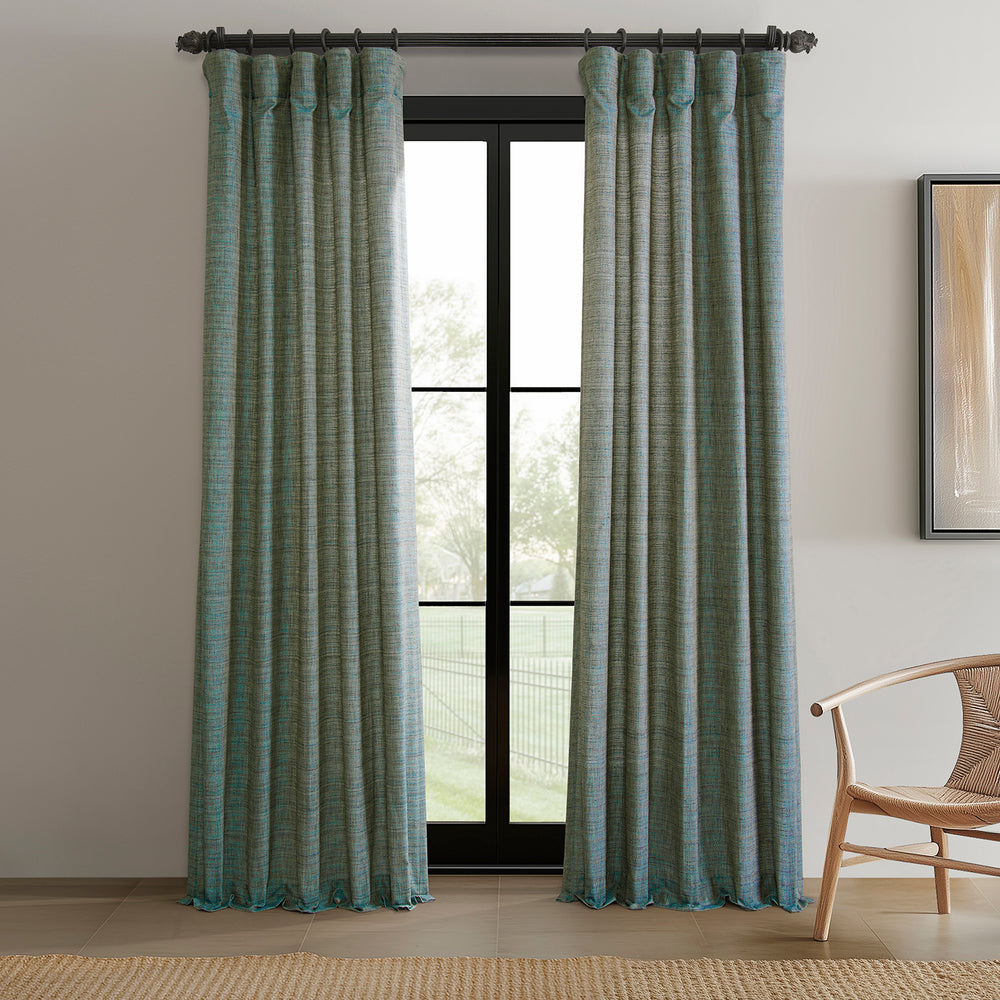 Teal Blue Raw Linen Weave Light Filtering Curtain Pair (2 Panels)