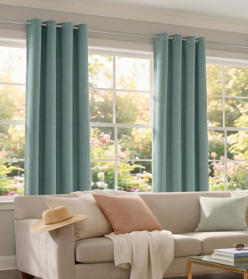 Sea thistle blue grommet curtains frame large sunlit windows in a bright living room with soft neutral furnishings.