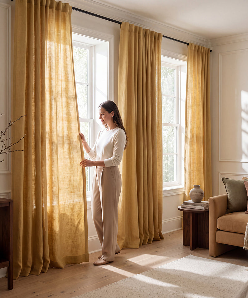 Semi-Sheer: Offering more coverage than a traditional sheer, semi-sheer curtains gently diffuse sunlight while adding softness, texture, and privacy.