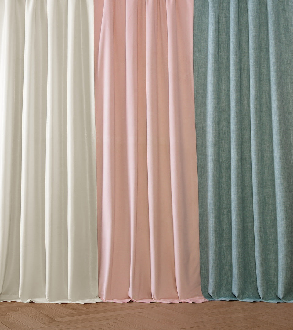 From left to right, soft ivory, blush pink, muted blue-green, and dusty lavender curtains create a calming palette of elegant solid fabrics. These versatile colors bring warmth, softness, and understated sophistication, making them ideal for creating serene bedrooms, inviting living spaces, or light-filled interiors.