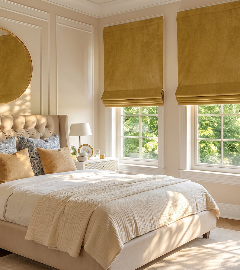 Spiced Rum Heritage Plush: Golden spiced rum Roman shades bring warm, sophisticated color to a sunlit neutral bedroom.