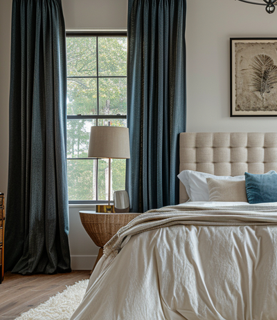 Story Blue Textured Faux Linen Custom Curtain