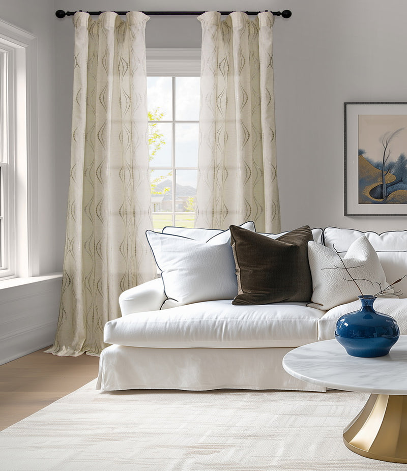 Suez Natural Striped Patterned Faux Linen Sheer Custom Curtain