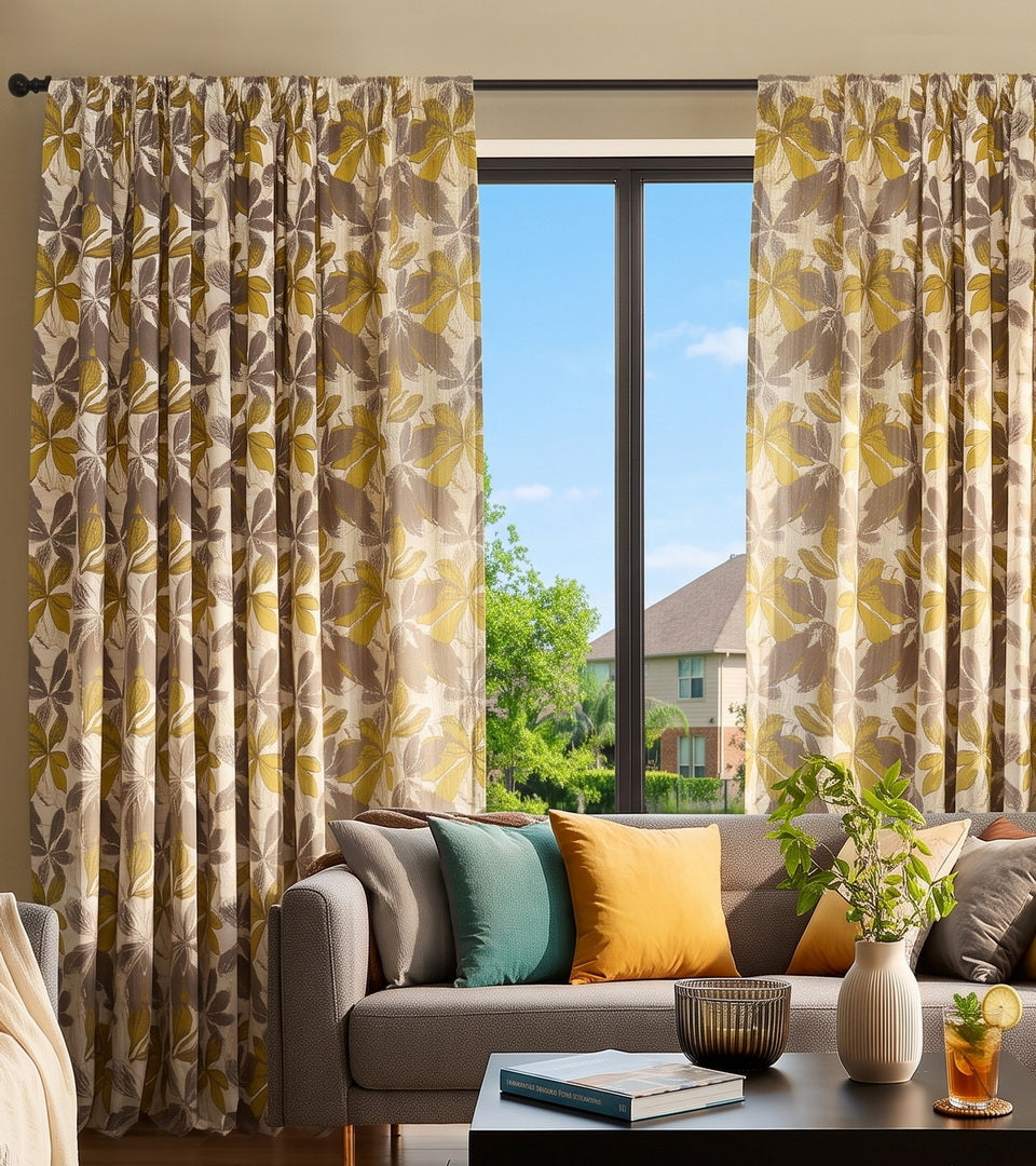Ivory curtains with a botanical print in warm gold and soft gray bring nature-inspired charm and inviting color to this contemporary living room. The oversized leafy pattern adds visual interest while complementing the neutral furnishings and colorful accent pillows, creating a fresh, welcoming space with timeless appeal.