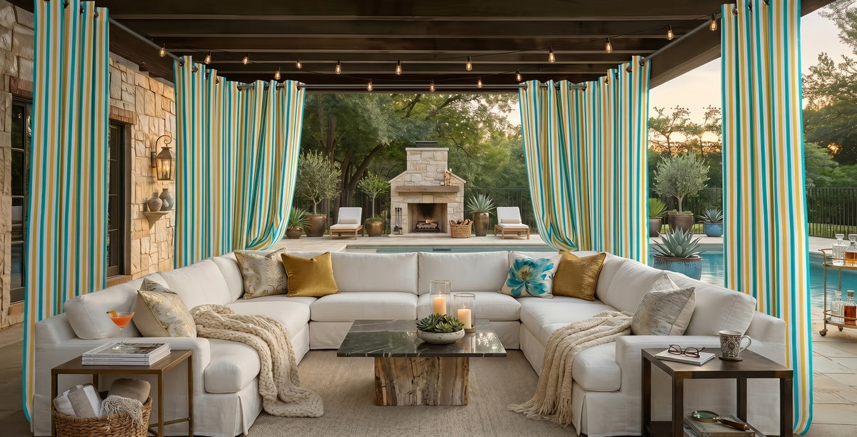 Tropical green and blue striped outdoor curtains frame a luxury covered patio with a white sectional sofa, pool views, stone fireplace, and resort-style backyard entertaining space.
