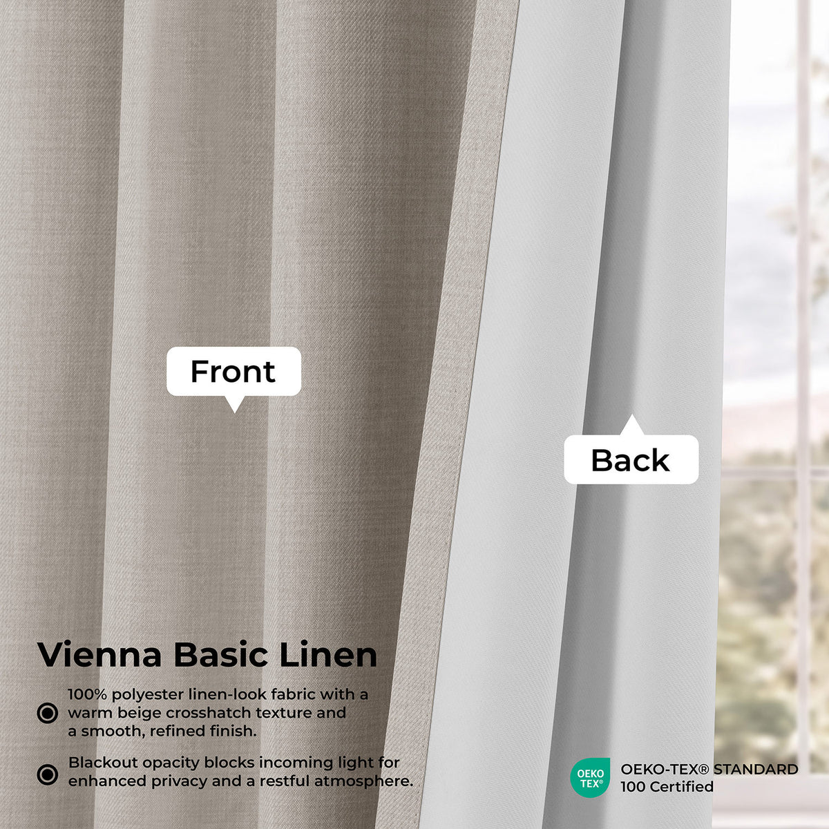 Beige Vienna Basic Linen Blackout Curtain Pair (2 Panels)