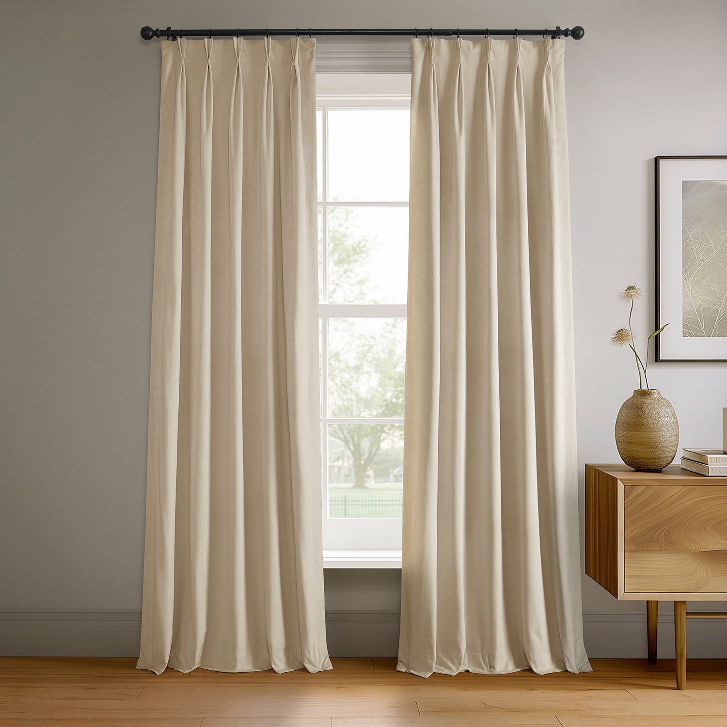 Alabaster Beige French Pleat Signature Velvet Blackout Curtain