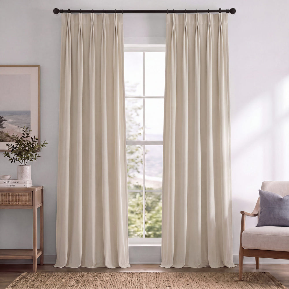 Alabaster Beige Pinch Pleat Signature Velvet Blackout Curtain