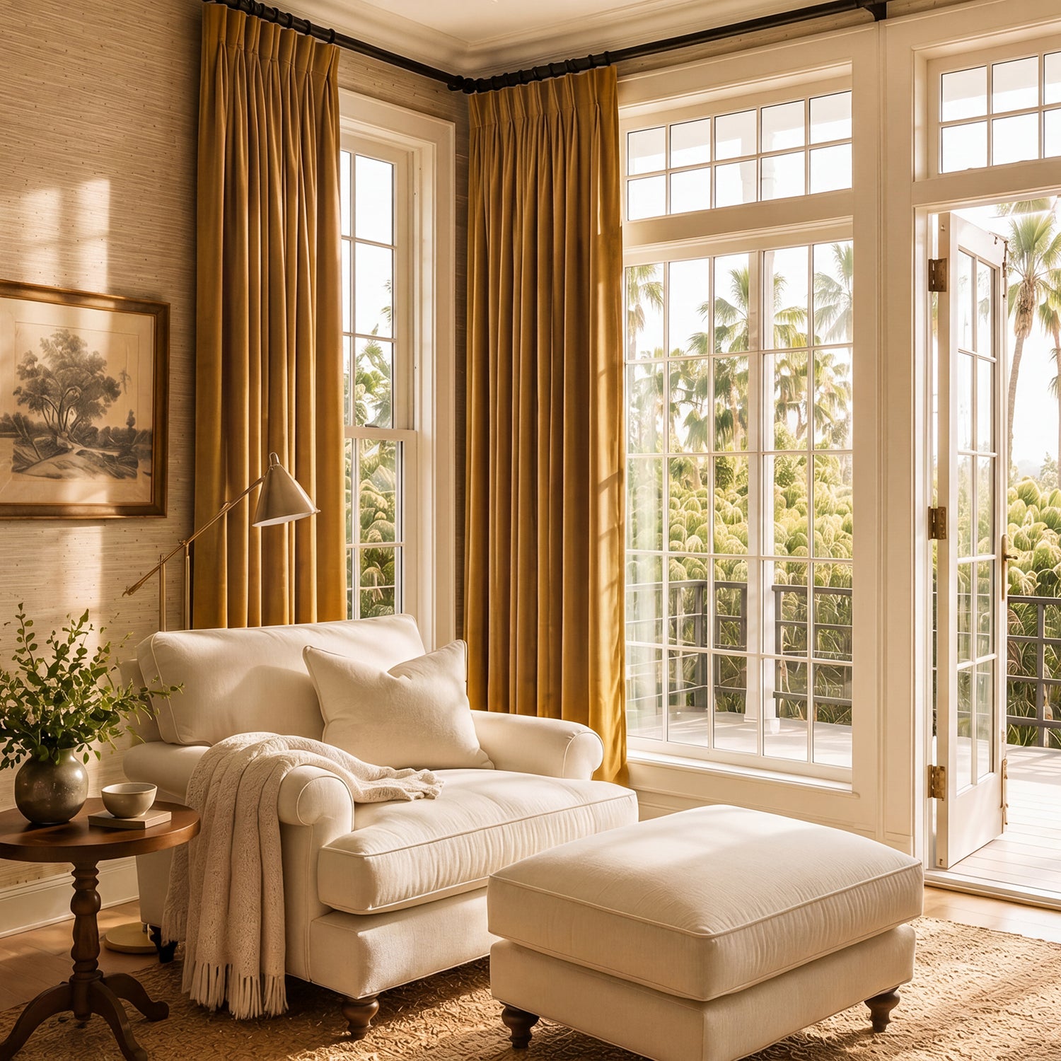 Living room with white sofa, ottoman, and large windows with yellow curtains.