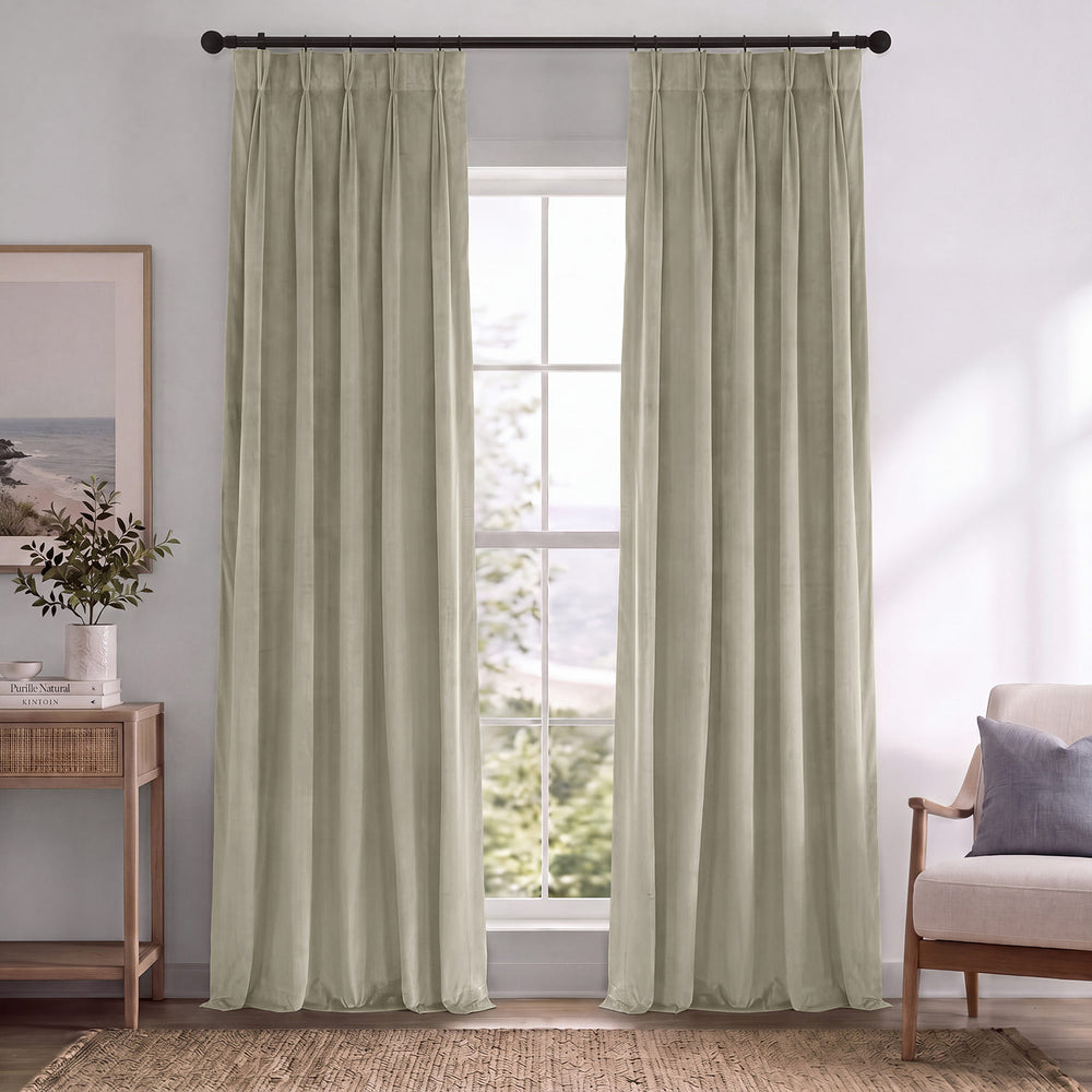 Cool Beige Pinch Pleat Signature Velvet Blackout Curtain