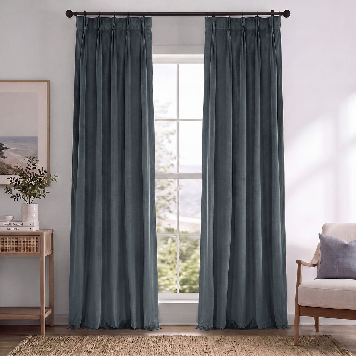 Distance Blue Grey Pinch Pleat Signature Velvet Blackout Curtain