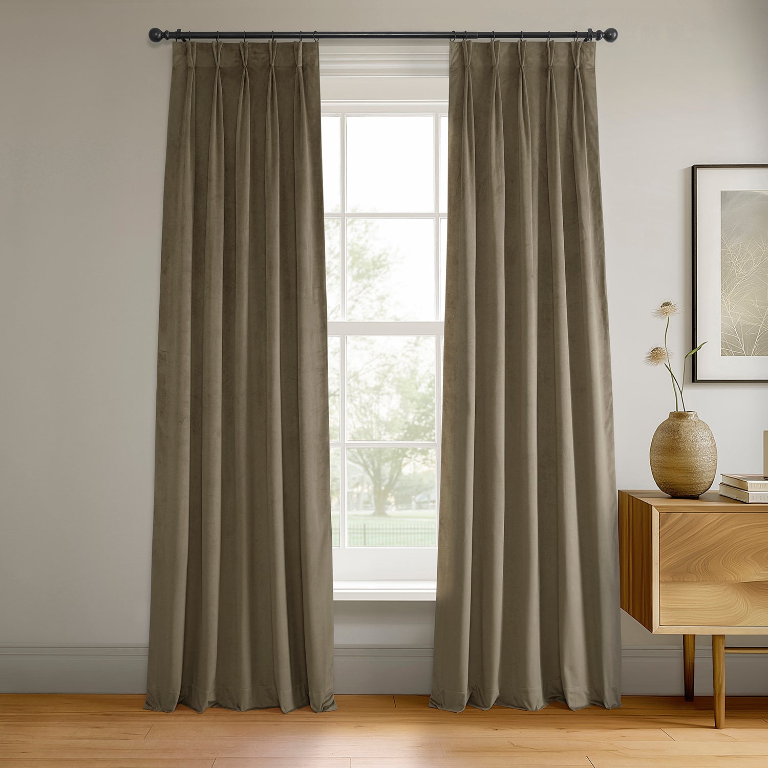 Denver Taupe French Pleat Signature Velvet Blackout Curtain