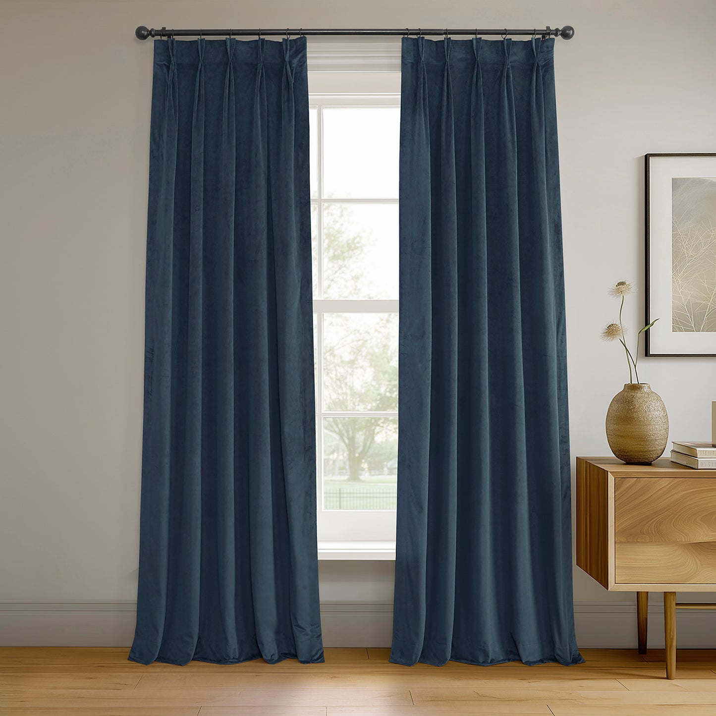 Midnight Blue French Pleat Signature Velvet Blackout Curtain