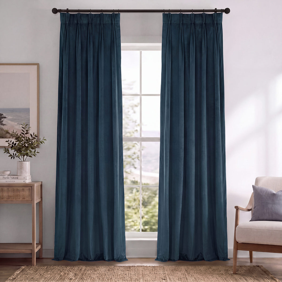 Midnight Blue Pinch Pleat Signature Velvet Blackout Curtain