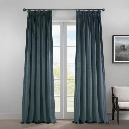 London Blue Pinch Pleat Heritage Plush Velvet Room Darkening Curtain