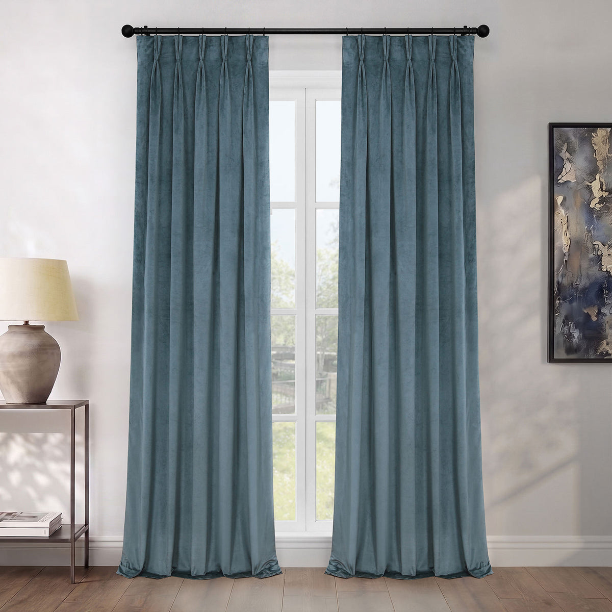 London Blue Pinch Pleat Heritage Plush Velvet Room Darkening Curtain