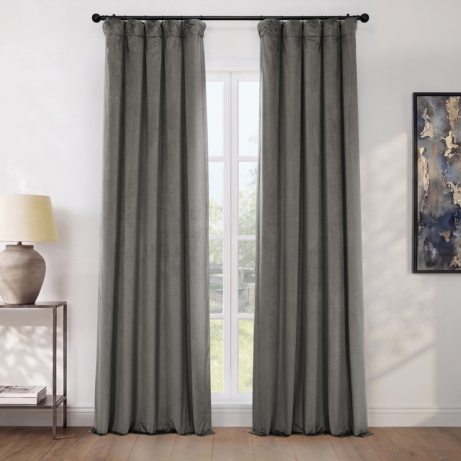Pepper Grey Heritage Plush Velvet Room Darkening Curtain