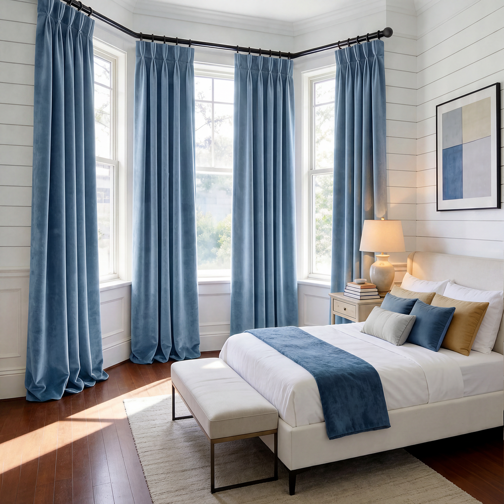 Light Blue Heritage Plush Velvet Custom Curtain
