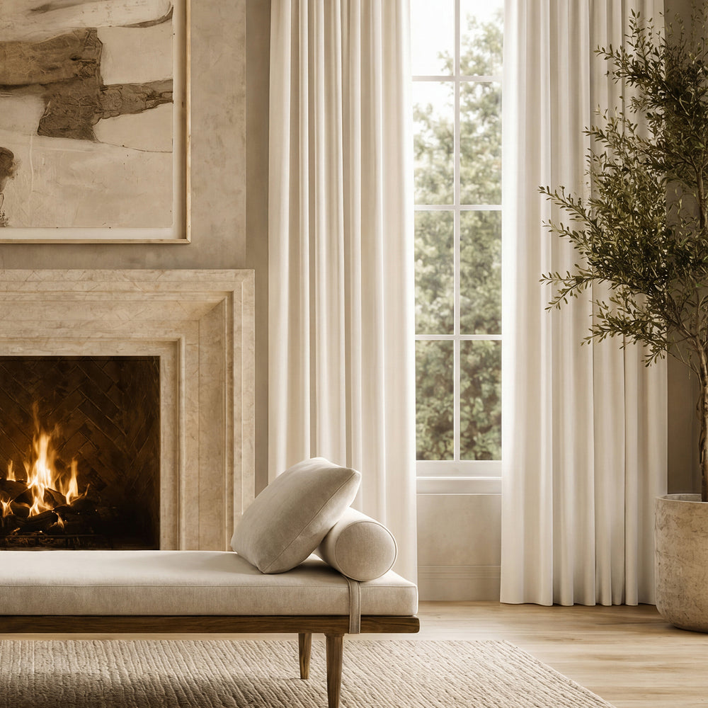 Cozy living room with fireplace, bench, and large window.