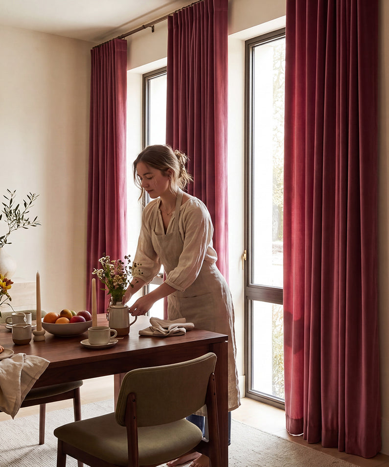 Forestry Green: Deep forest-green velvet curtains bring rich color and an elevated, cozy feel to this airy living room.