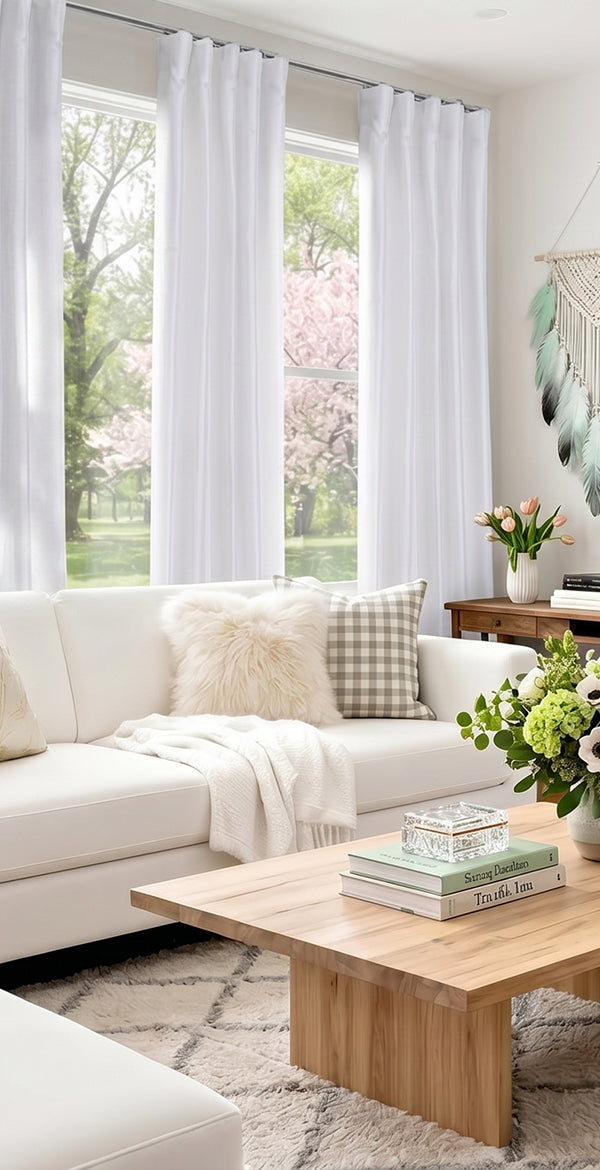 Vintage Dupioni: Crisp white curtains create a soft, light-filled backdrop for this fresh and serene living space.
