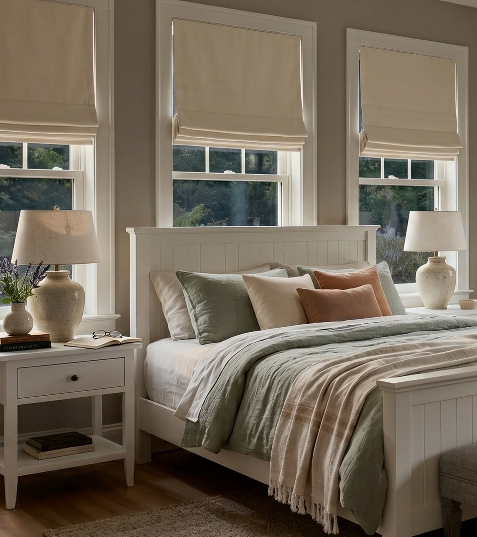 Whisper White blackout Roman shades covering bedroom windows with a white bed, neutral bedding, and bedside lamps.