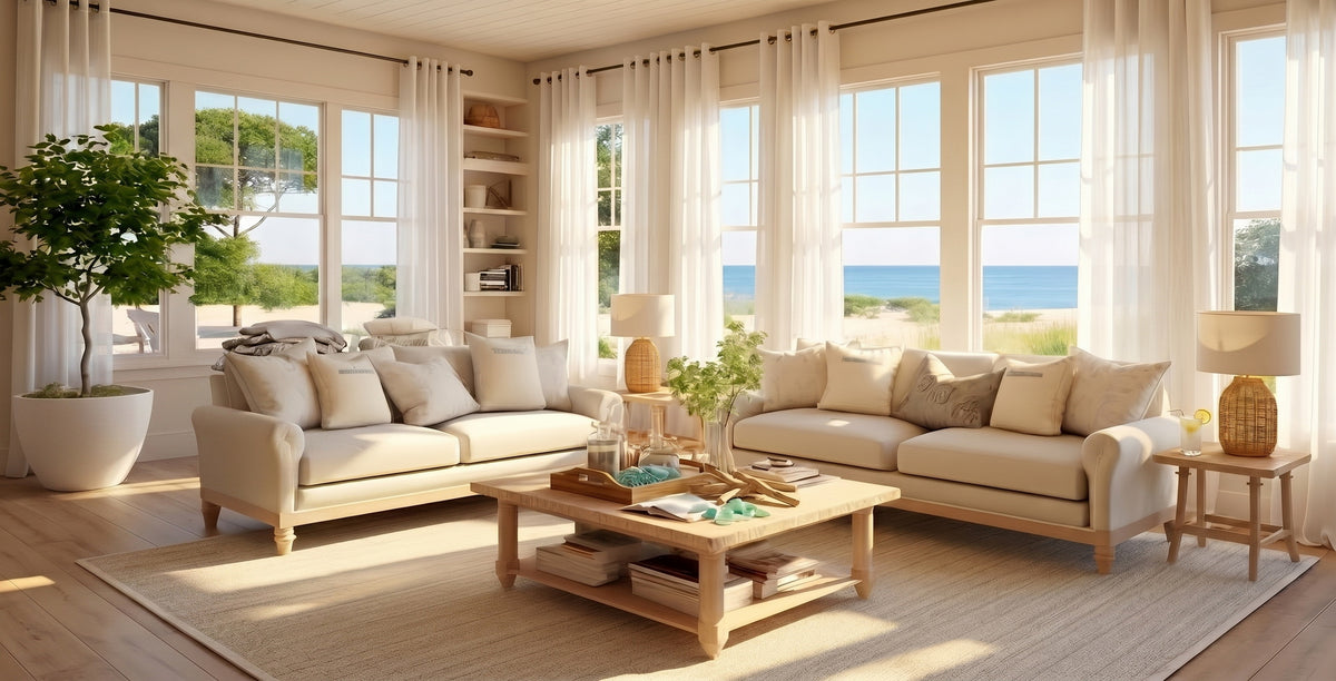 Mecca Blue patterned curtains framing open French doors with a woman overlooking the ocean from a beach house.
