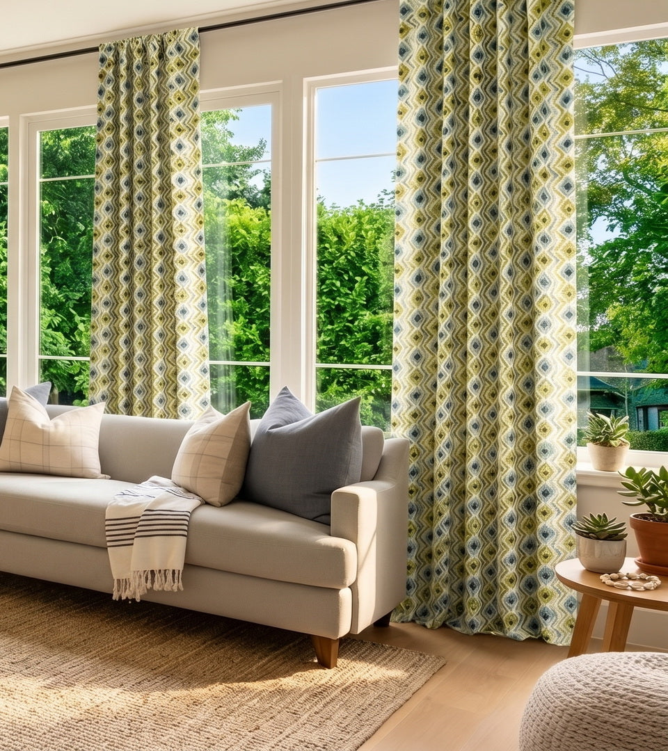 Geometric blue-and-green patterned curtains bring fresh color, texture, and personality to this bright living room.