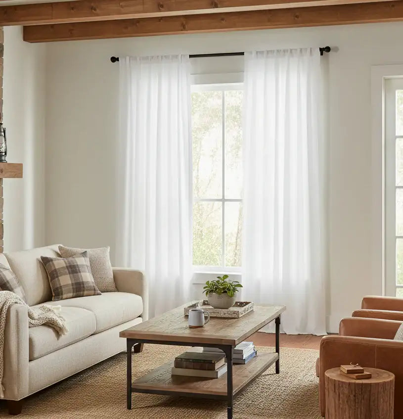 Living room with a beige sofa, wooden coffee table, and white curtains.