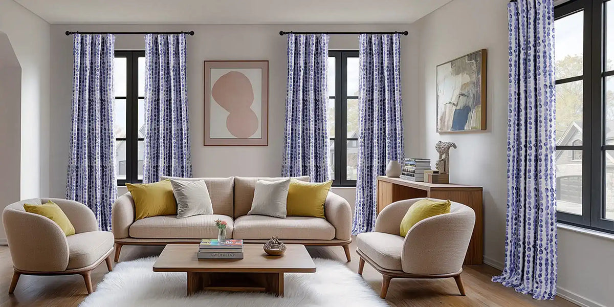 Mid-Century Living Room — Blueberry Dot Stripe at Four Windows