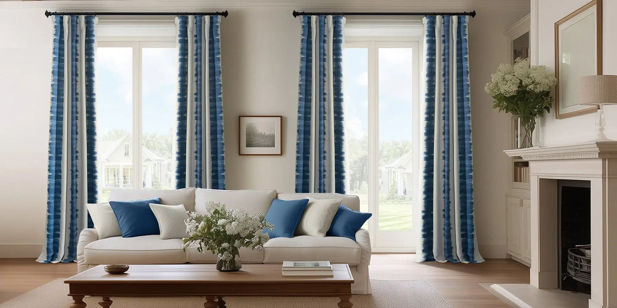 Coastal Traditional Living Room — Shibori Stripe at Every Window