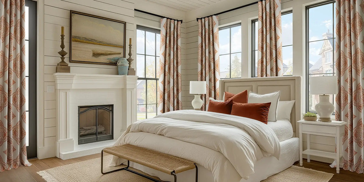 Farmhouse Bedroom — Henna Print at the Fireplace Windows