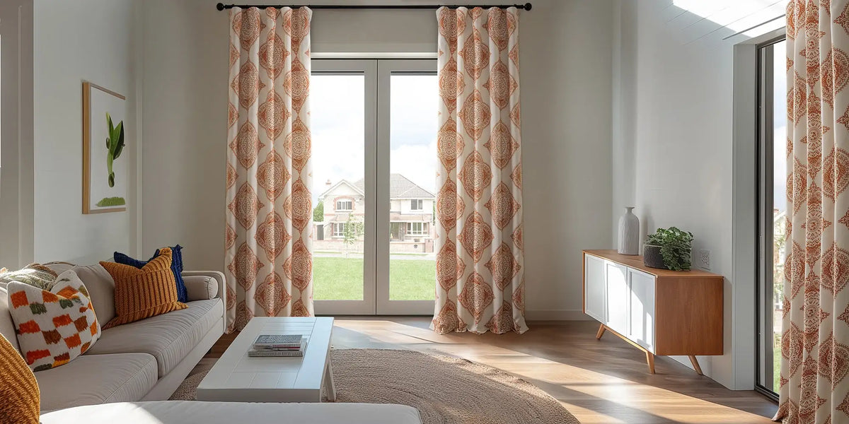 Contemporary Living Room — Henna Print at the Patio Doors