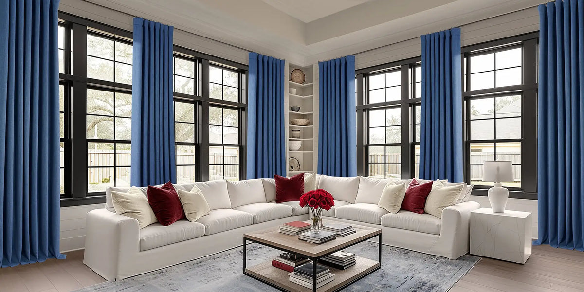 Modern Living Room — Blue Linen and Black Windows