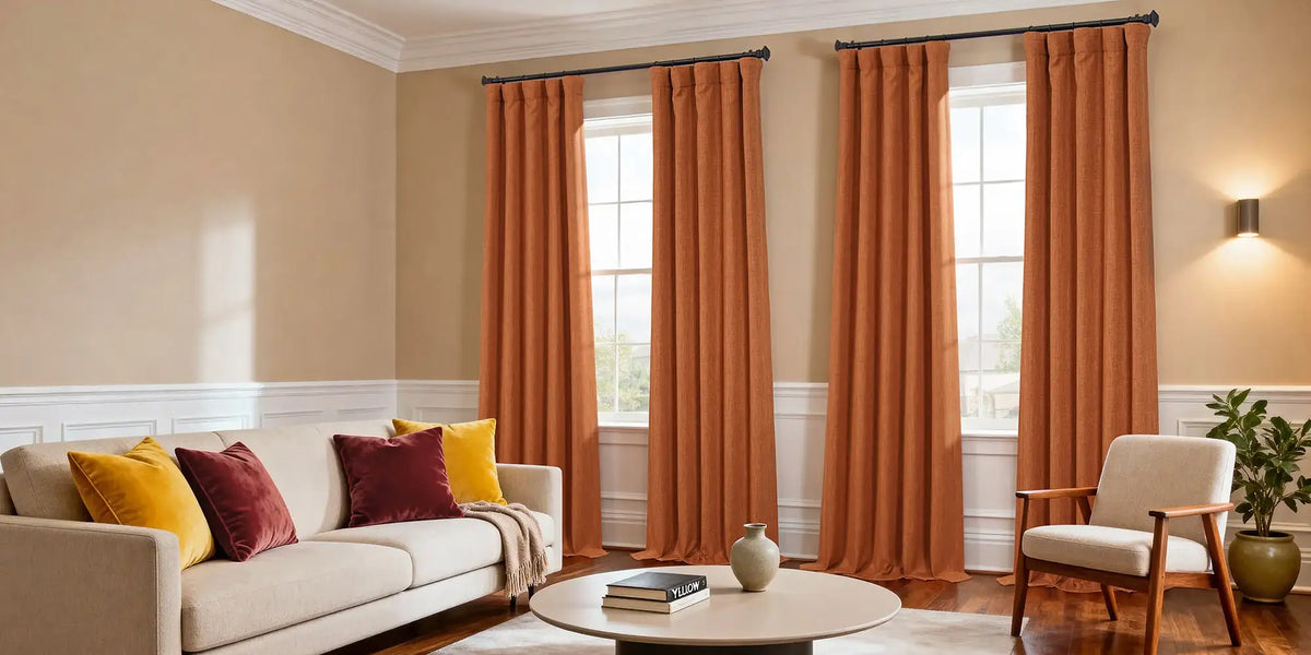Traditional Living Room — Terracotta Hook Belt at Three Windows