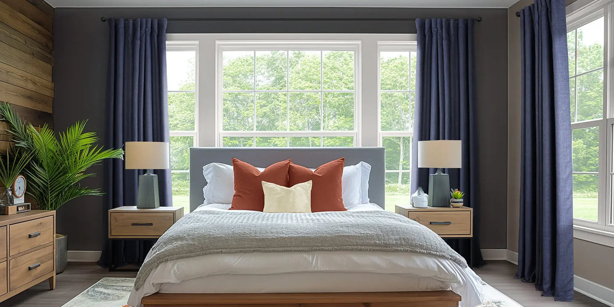 Rustic Bedroom — Indigo Linen Against the Dark Wood