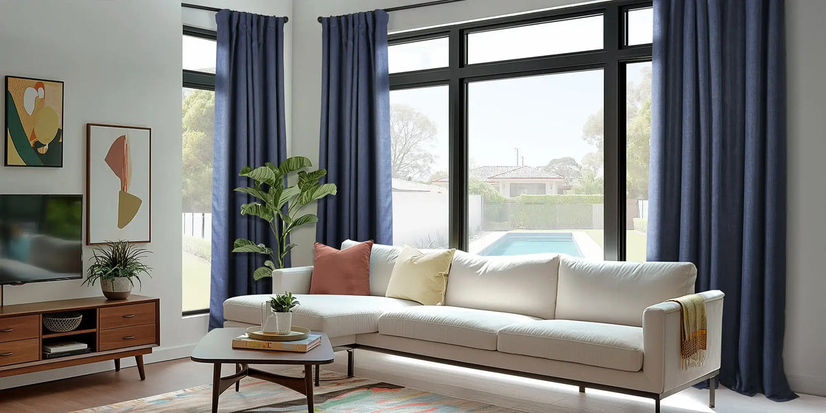 Mid-Century Living Room — Indigo Linen at the Pool View