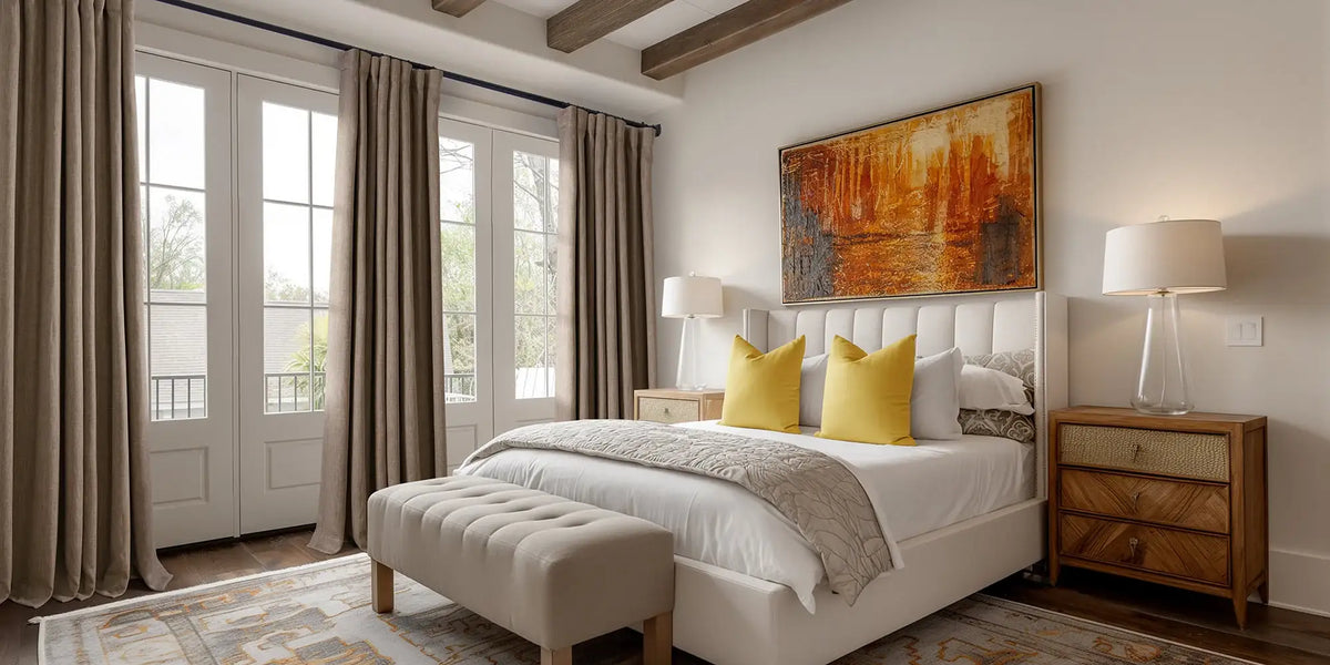 Rustic Bedroom — Cocoa Linen at the Balcony Doors